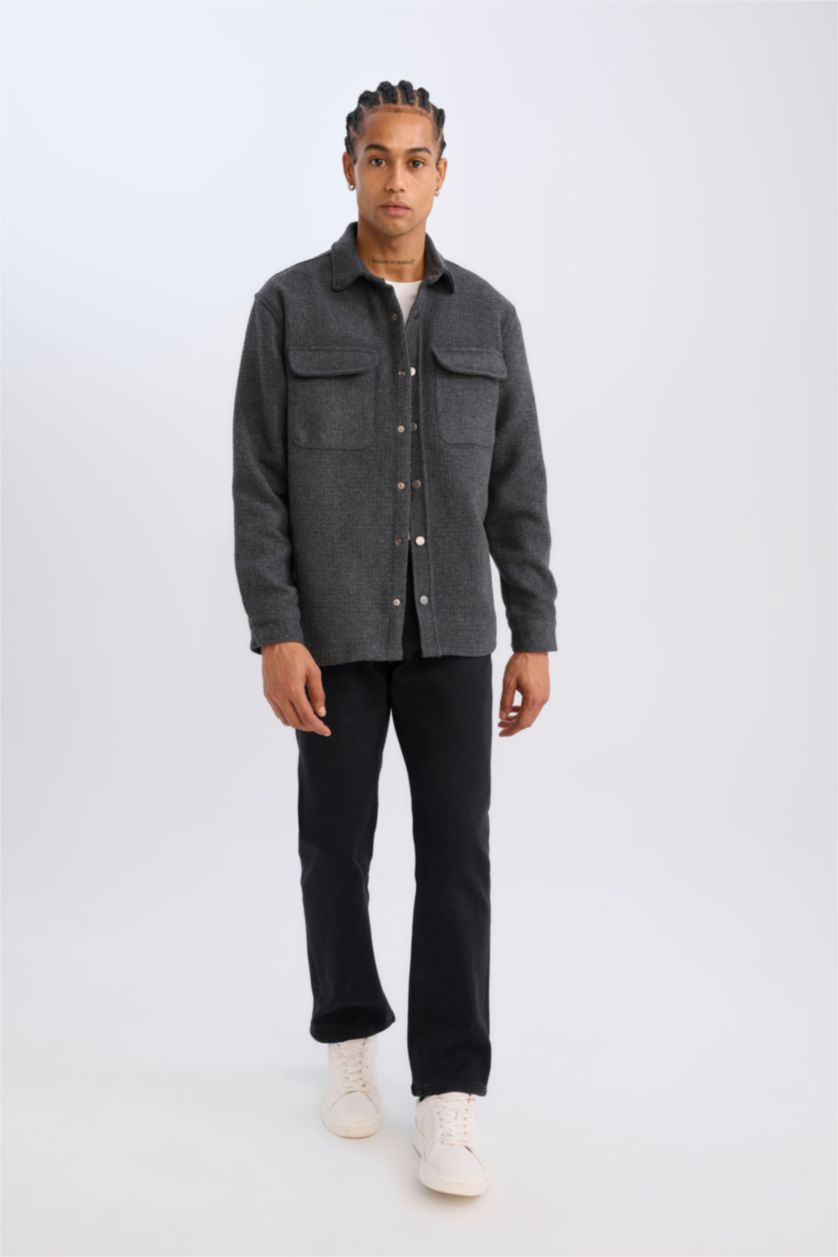 Erkek Antrasit Polo Yaka Düz Uzun Kollu Gömlek Ceket