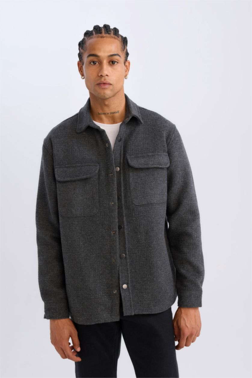Erkek Antrasit Polo Yaka Düz Uzun Kollu Gömlek Ceket