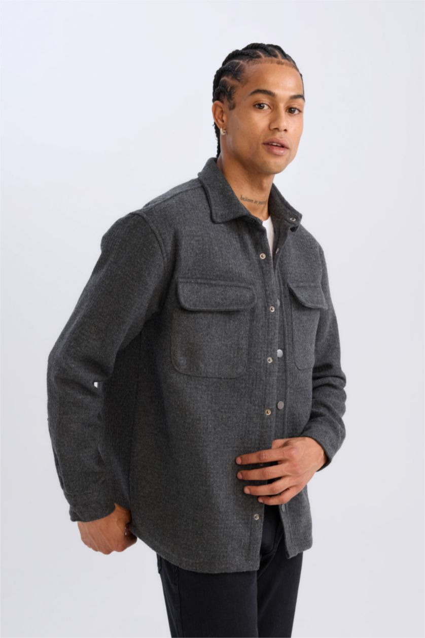 Erkek Antrasit Polo Yaka Düz Uzun Kollu Gömlek Ceket