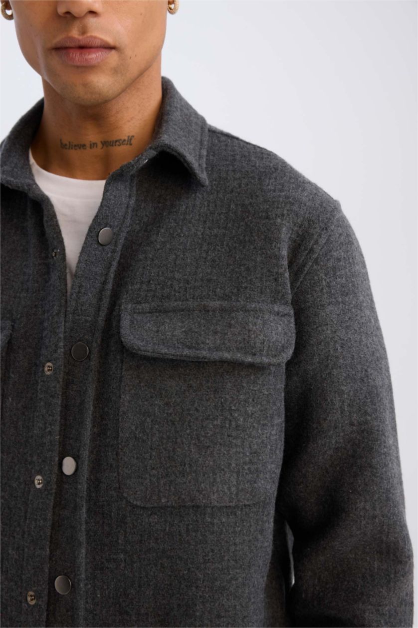 Erkek Antrasit Polo Yaka Düz Uzun Kollu Gömlek Ceket