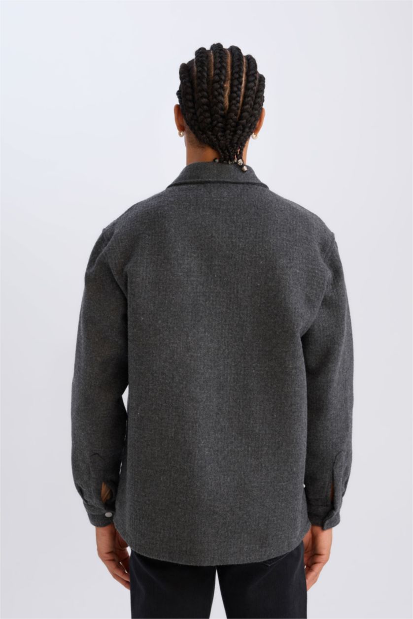 Erkek Antrasit Polo Yaka Düz Uzun Kollu Gömlek Ceket