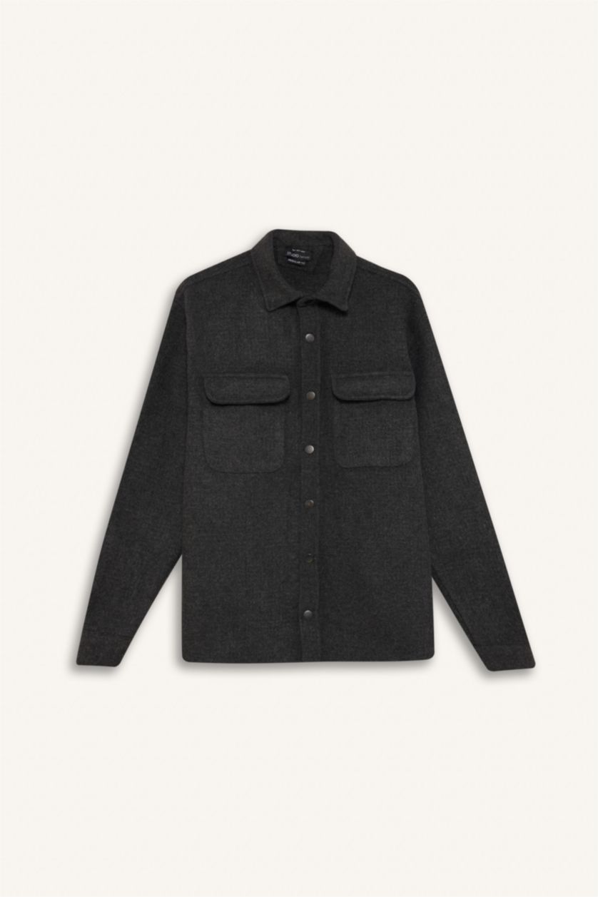 Erkek Antrasit Polo Yaka Düz Uzun Kollu Gömlek Ceket