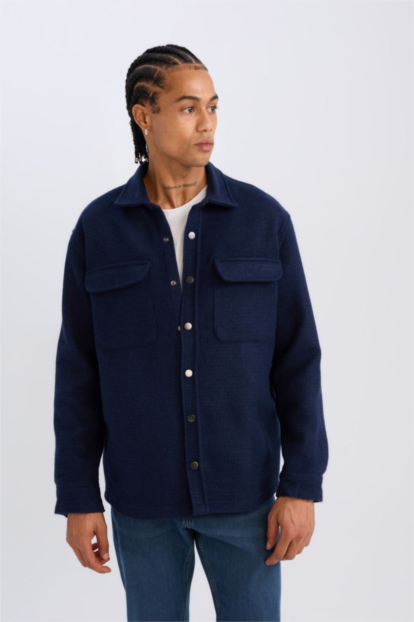 Erkek Lacivert Lacivert Regular Fit Polo Yaka Basic Düz Uzun Kollu Gömlek Ceket