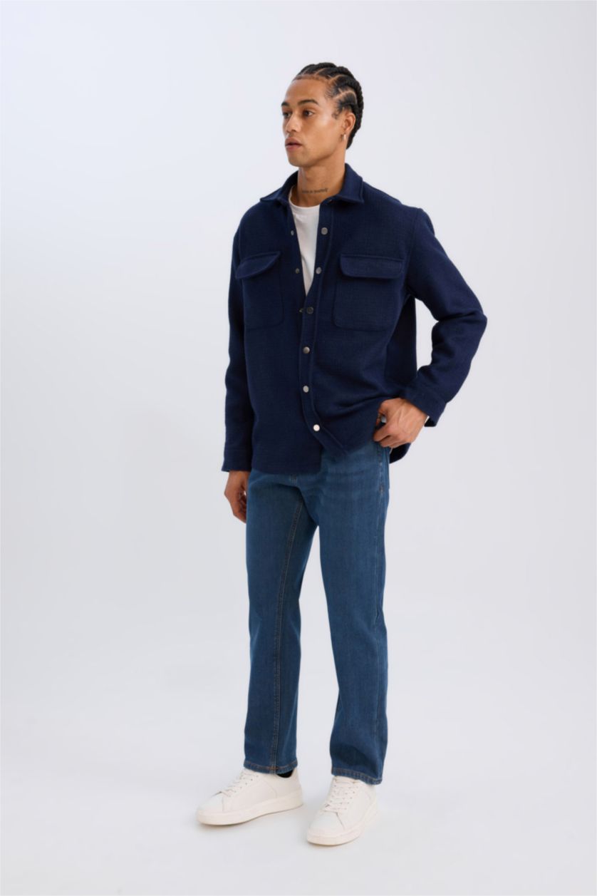 Erkek Lacivert Lacivert Regular Fit Polo Yaka Basic Düz Uzun Kollu Gömlek Ceket