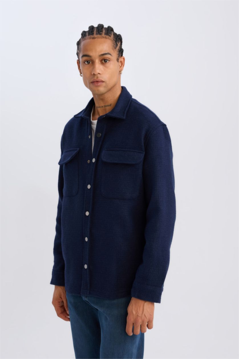 Erkek Lacivert Lacivert Regular Fit Polo Yaka Basic Düz Uzun Kollu Gömlek Ceket