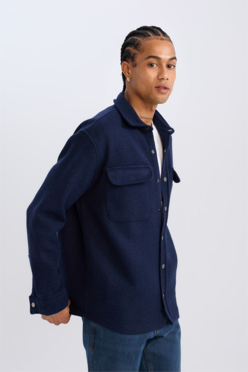 Erkek Lacivert Lacivert Regular Fit Polo Yaka Basic Düz Uzun Kollu Gömlek Ceket