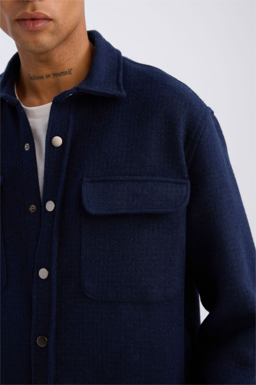 Erkek Lacivert Lacivert Regular Fit Polo Yaka Basic Düz Uzun Kollu Gömlek Ceket