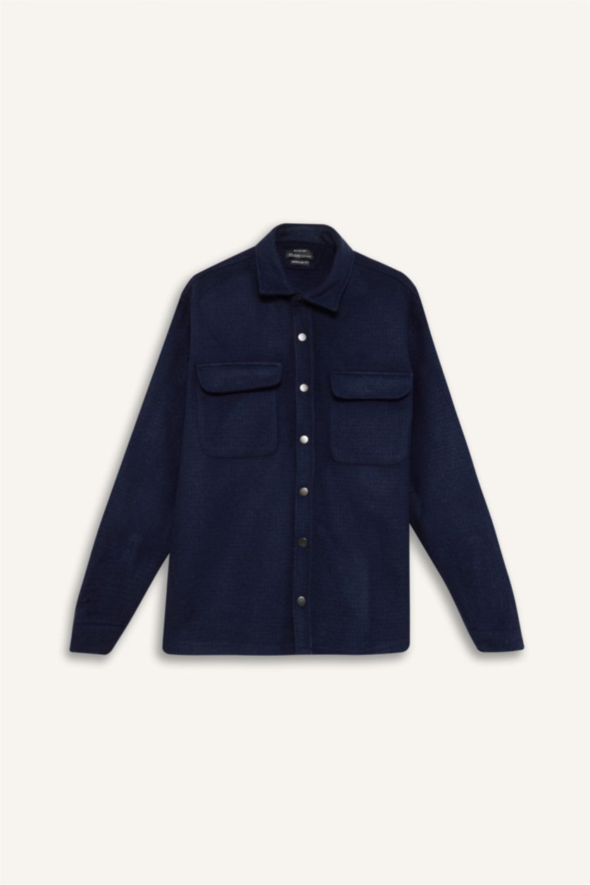 Erkek Lacivert Lacivert Regular Fit Polo Yaka Basic Düz Uzun Kollu Gömlek Ceket