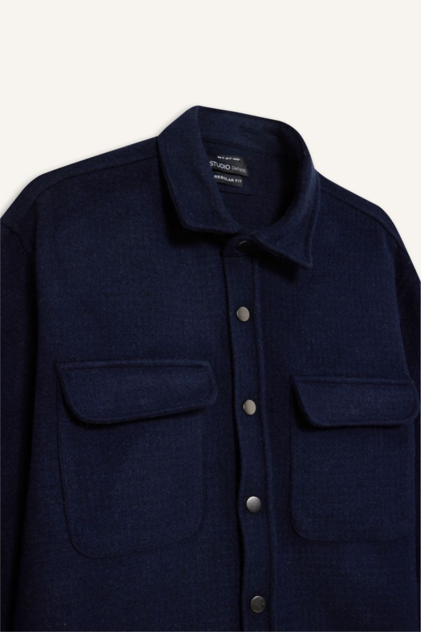 Erkek Lacivert Lacivert Regular Fit Polo Yaka Basic Düz Uzun Kollu Gömlek Ceket