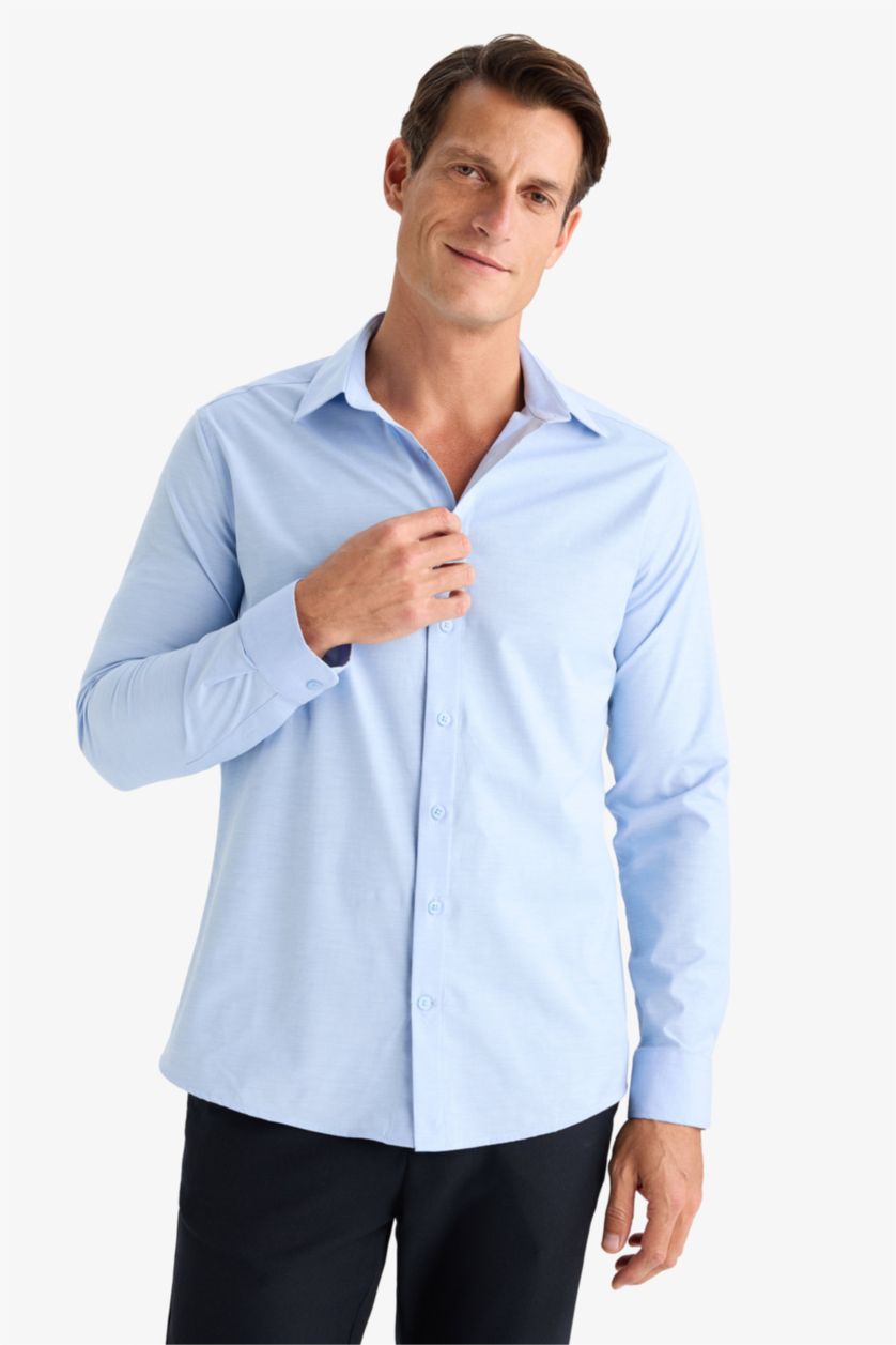 Мужчины Светло-синий Рубашка с длинным рукавом приталенного кроя