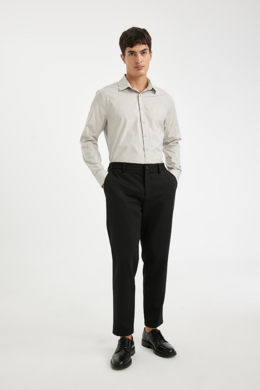 Erkek Açık Gri Modern Fit Modern Kesim Poplin  Düz Pamuk Karışımlı Uzun Kollu Gömlek