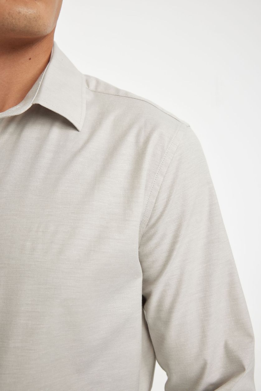 Erkek Açık Gri Modern Fit Modern Kesim Poplin  Düz Pamuk Karışımlı Uzun Kollu Gömlek