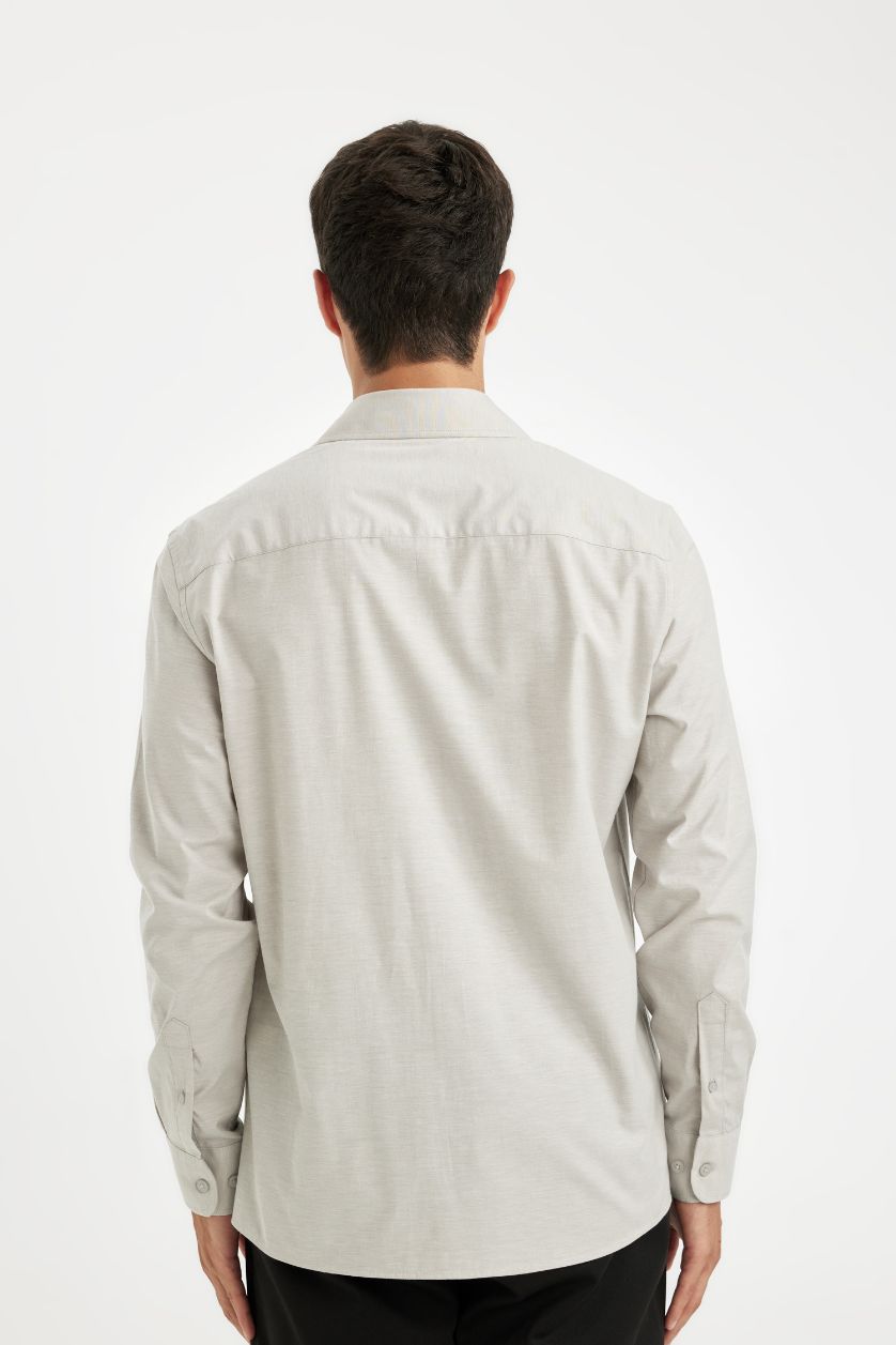 Erkek Açık Gri Modern Fit Modern Kesim Poplin  Düz Pamuk Karışımlı Uzun Kollu Gömlek