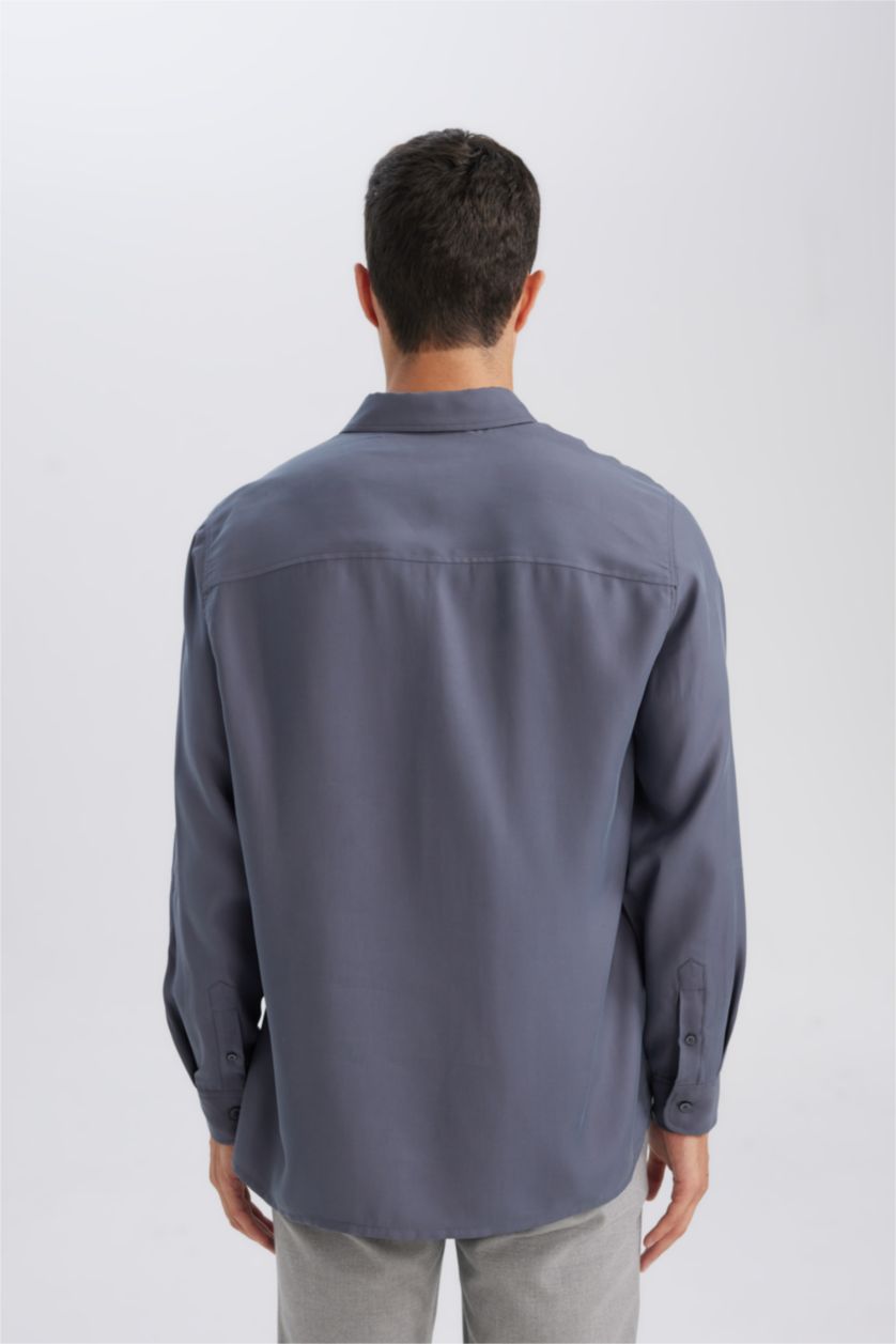 Erkek Antrasit Relax Fit Polo Yaka Twill Modal Karışımlı Basic Düz Uzun Kollu Gömlek
