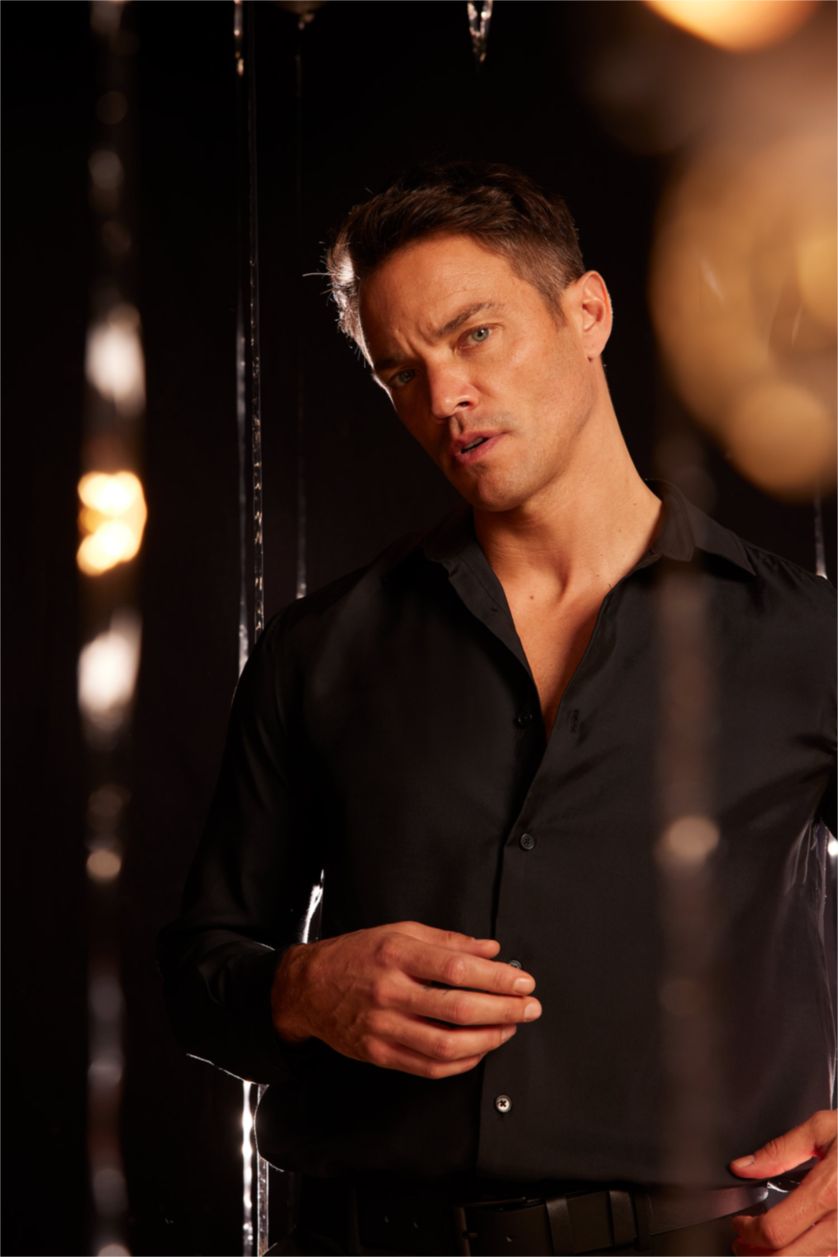 Erkek Siyah Siyah Relax Fit Polo Yaka Twill Modal Karışımlı Basic Düz Uzun Kollu Gömlek