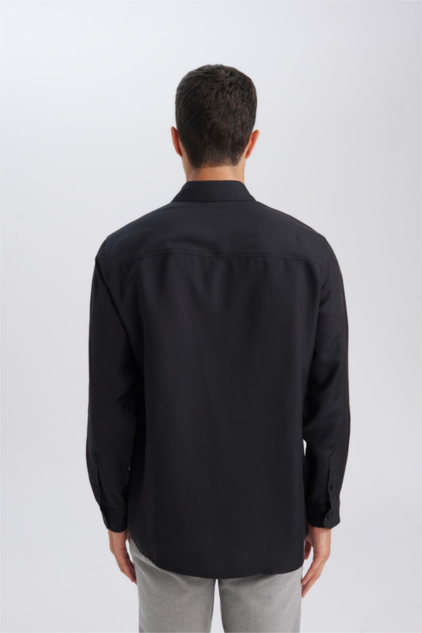 Erkek Siyah Siyah Relax Fit Polo Yaka Twill Modal Karışımlı Basic Düz Uzun Kollu Gömlek
