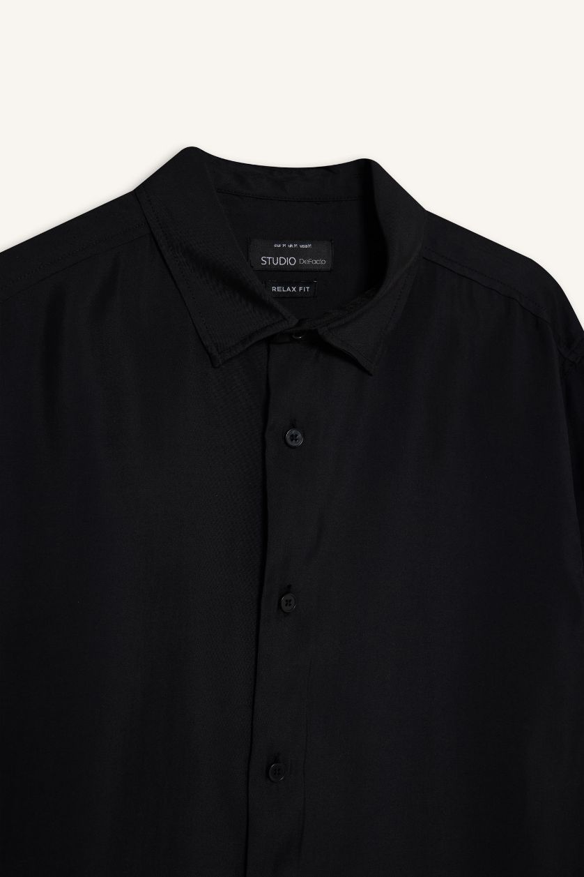 Erkek Siyah Siyah Relax Fit Polo Yaka Twill Modal Karışımlı Basic Düz Uzun Kollu Gömlek