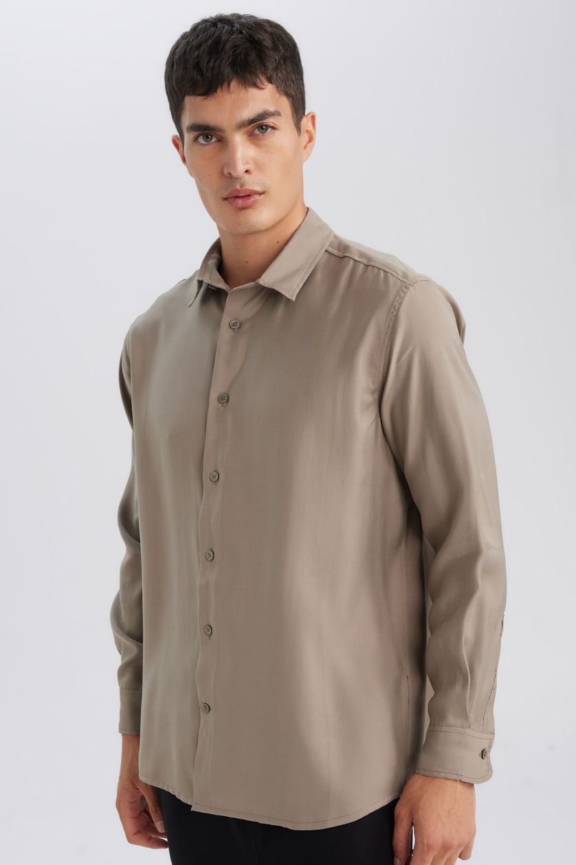 Erkek Meşe Yeşili Relax Fit Polo Yaka Twill Modal Karışımlı Basic Düz Uzun Kollu Gömlek