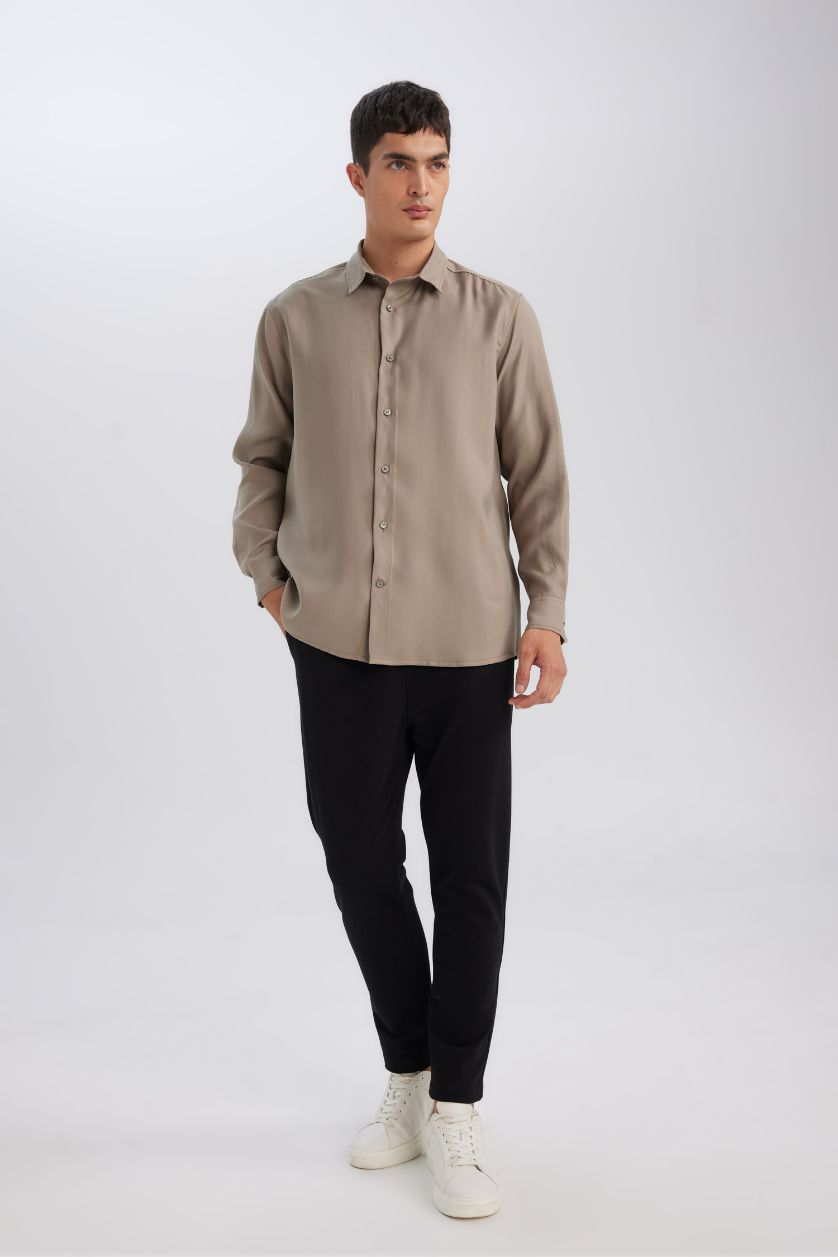 Erkek Meşe Yeşili Relax Fit Polo Yaka Twill Modal Karışımlı Basic Düz Uzun Kollu Gömlek