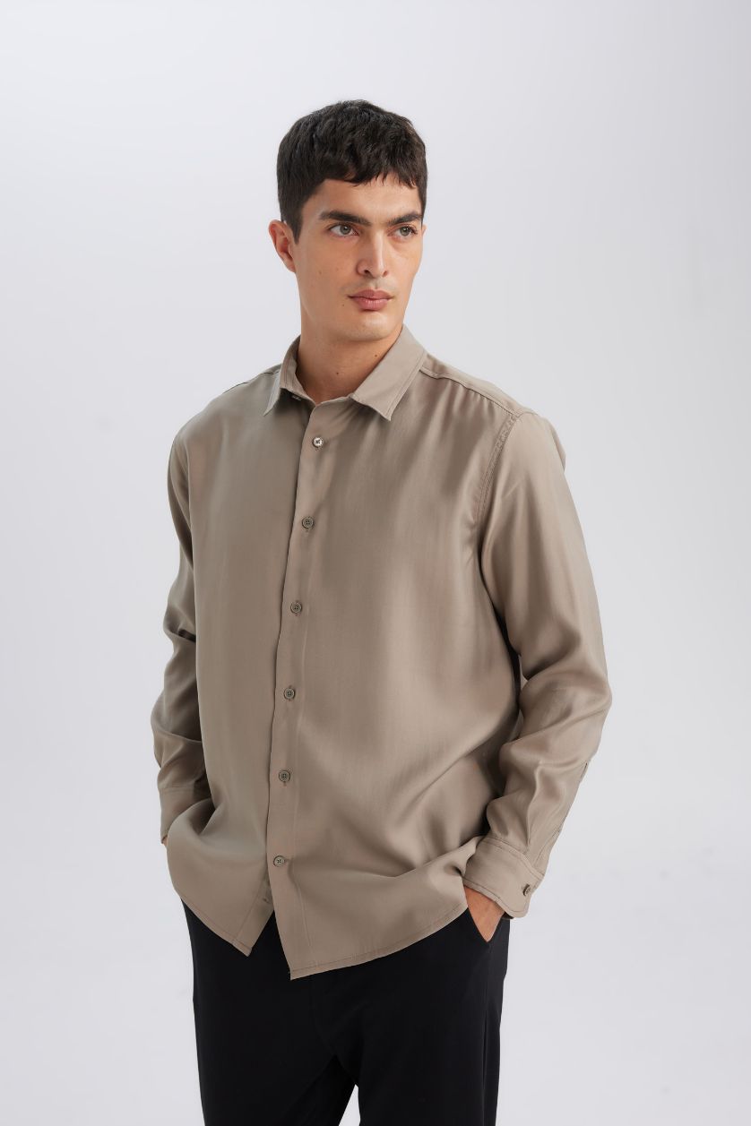 Erkek Meşe Yeşili Relax Fit Polo Yaka Twill Modal Karışımlı Basic Düz Uzun Kollu Gömlek