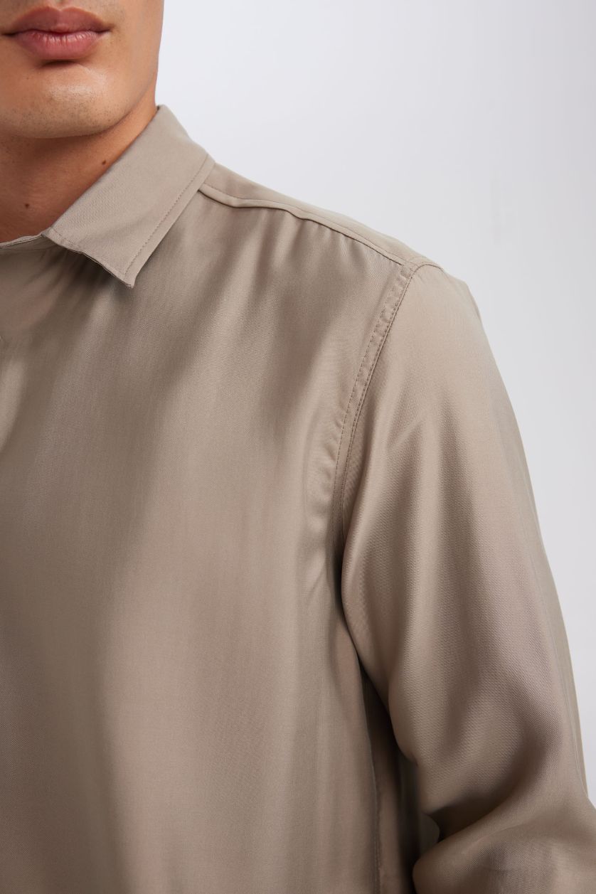 Erkek Meşe Yeşili Relax Fit Polo Yaka Twill Modal Karışımlı Basic Düz Uzun Kollu Gömlek