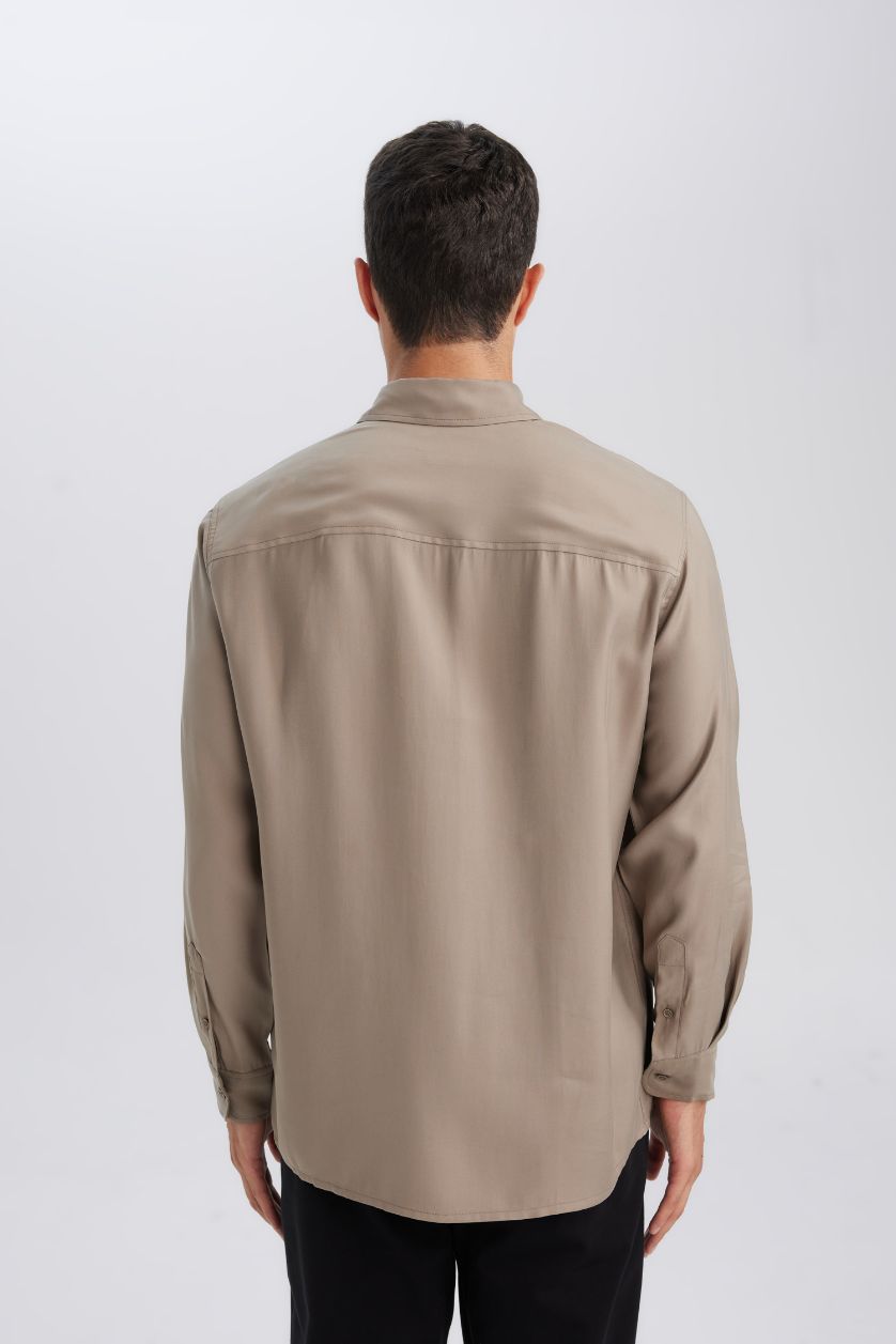 Erkek Meşe Yeşili Relax Fit Polo Yaka Twill Modal Karışımlı Basic Düz Uzun Kollu Gömlek