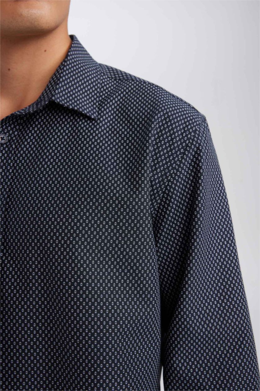Erkek Lacivert Modern Fit Poplin  Desenli Pamuk Karışımlı Uzun Kollu Gömlek
