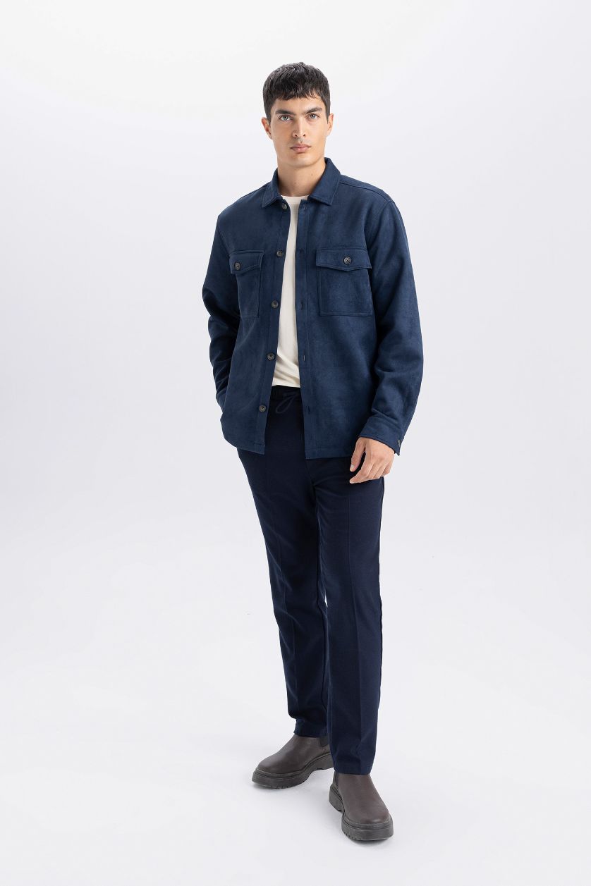 Erkek Lacivert Regular Fit Polo Yaka Süet Gömlek Ceket