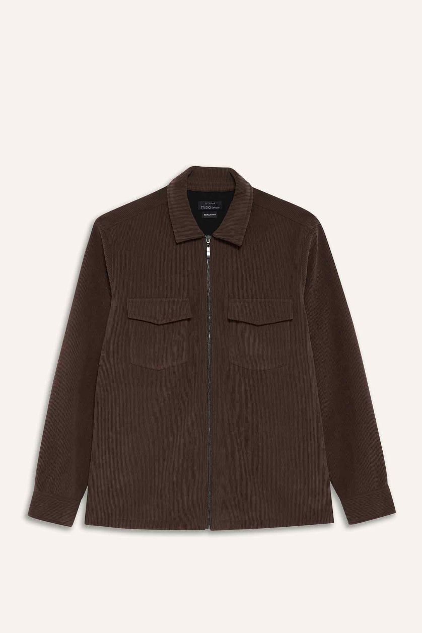 Erkek Kahve Regular Fıt Polo Yaka Fitilli Kadife Gömlek Ceket