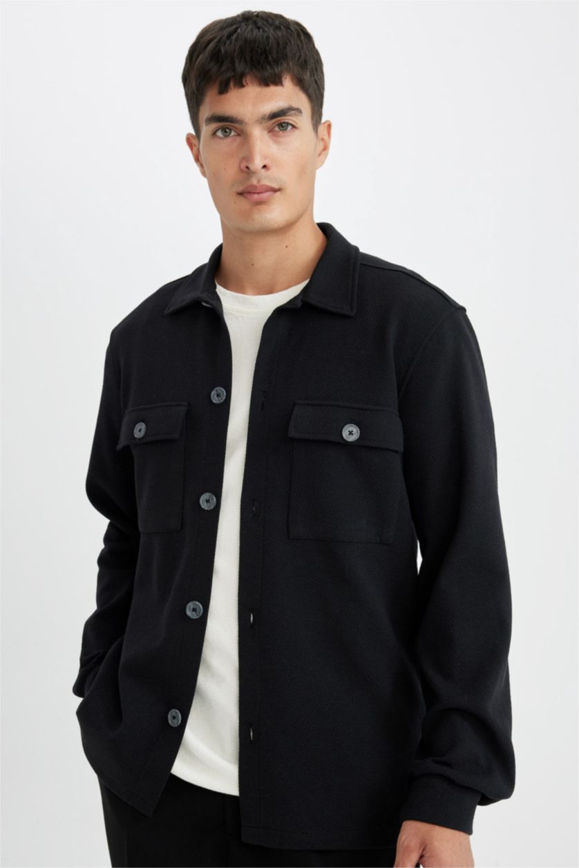 Erkek Siyah Siyah  Polo Yaka Twill Uzun Kollu Gömlek Ceket
