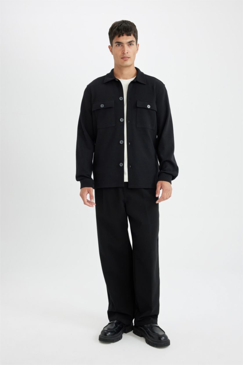 Erkek Siyah Siyah  Polo Yaka Twill Uzun Kollu Gömlek Ceket