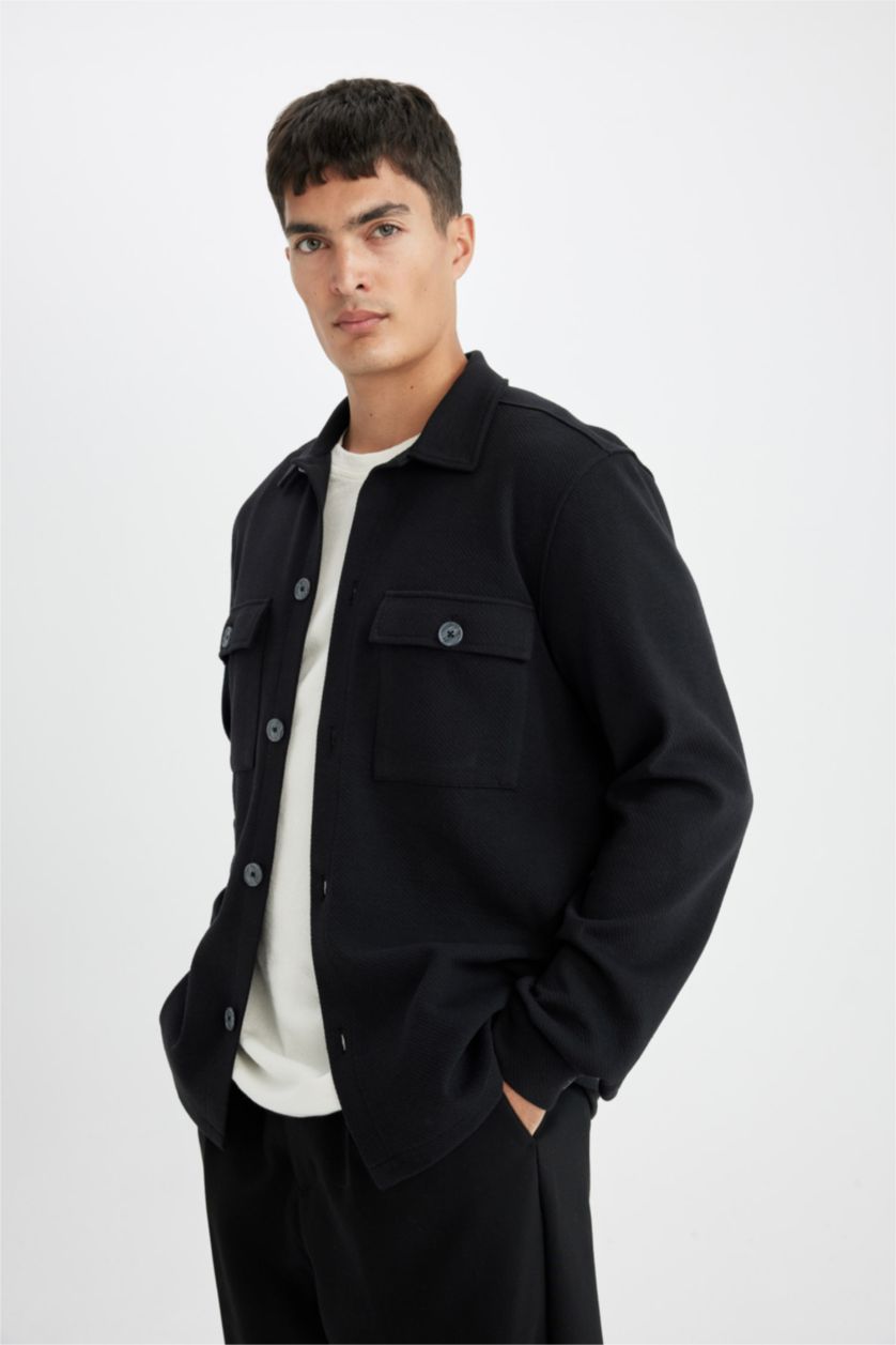 Erkek Siyah Siyah  Polo Yaka Twill Uzun Kollu Gömlek Ceket