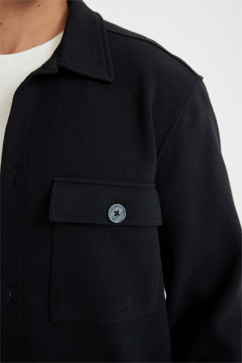 Erkek Siyah Siyah  Polo Yaka Twill Uzun Kollu Gömlek Ceket