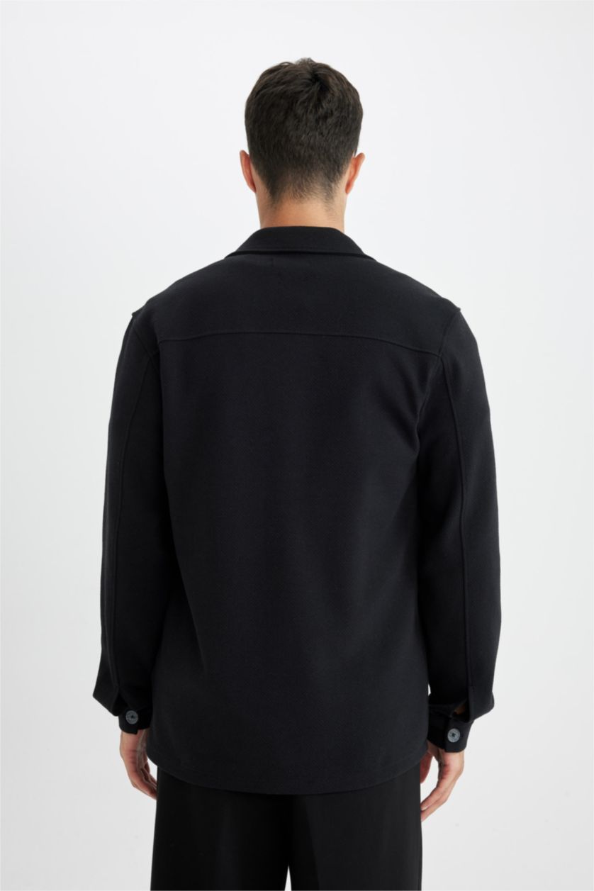 Erkek Siyah Siyah  Polo Yaka Twill Uzun Kollu Gömlek Ceket