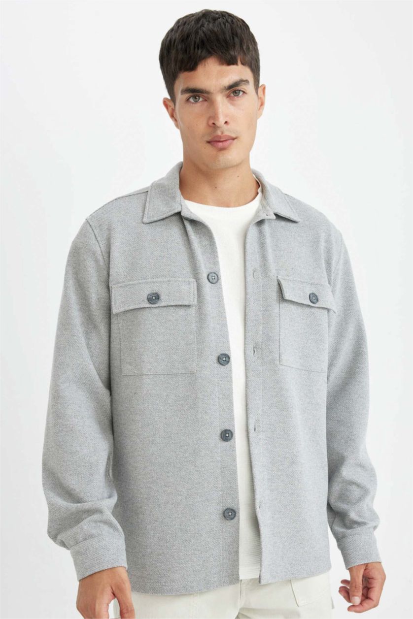 Erkek Koyu Gri Gri  Polo Yaka Twill Düz Uzun Kollu Gömlek Ceket