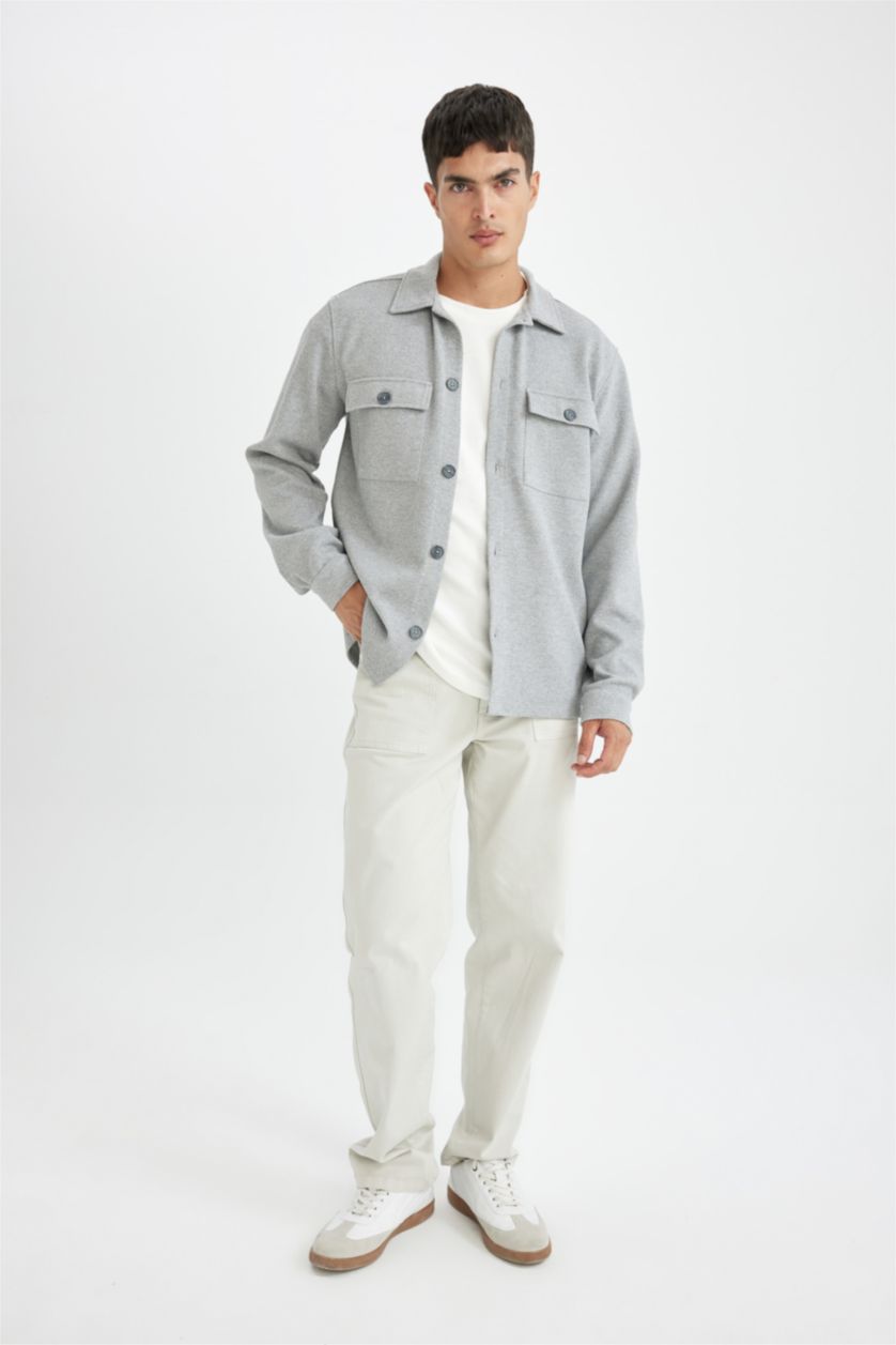Erkek Koyu Gri Gri  Polo Yaka Twill Düz Uzun Kollu Gömlek Ceket
