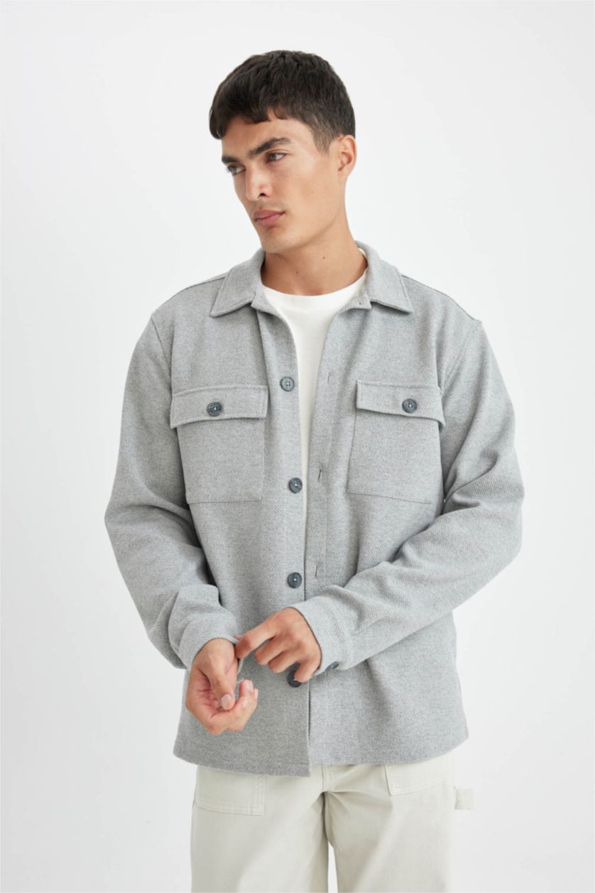 Erkek Koyu Gri Gri  Polo Yaka Twill Düz Uzun Kollu Gömlek Ceket