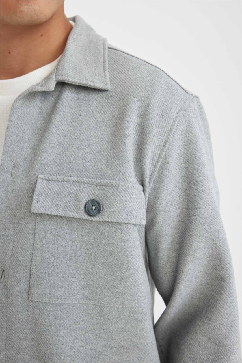 Erkek Koyu Gri Gri  Polo Yaka Twill Düz Uzun Kollu Gömlek Ceket
