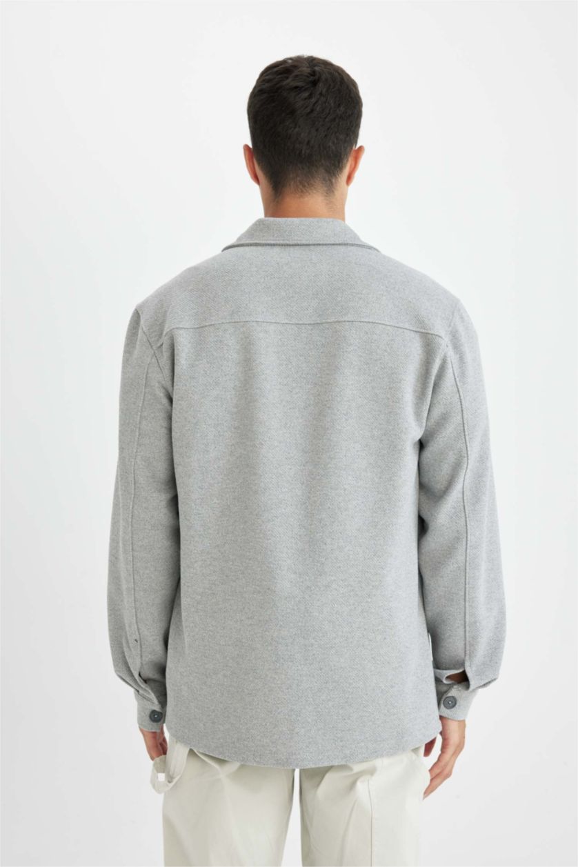 Erkek Koyu Gri Gri  Polo Yaka Twill Düz Uzun Kollu Gömlek Ceket