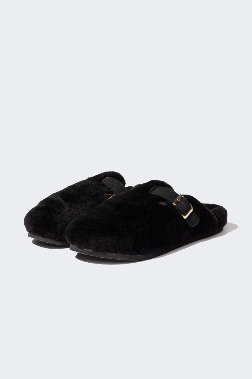 نساء أسود شبشب منزلي نسائي بكعب مسطح سليب أون