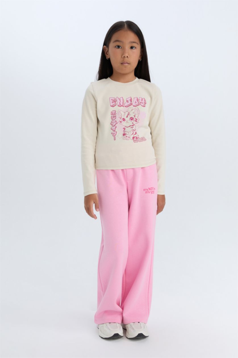 Kız Çocuk - Genç Kız Taş Cropped Fit Bisiklet Yaka Baskılı Fitilli Kaşkorse Uzun Kollu Tişört Kız Çocuk