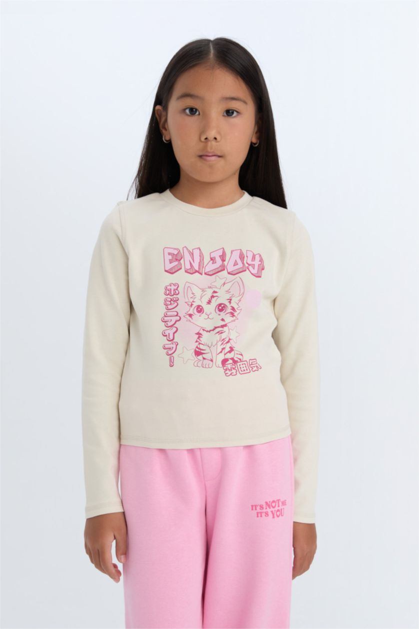 Kız Çocuk - Genç Kız Taş Cropped Fit Bisiklet Yaka Baskılı Fitilli Kaşkorse Uzun Kollu Tişört Kız Çocuk