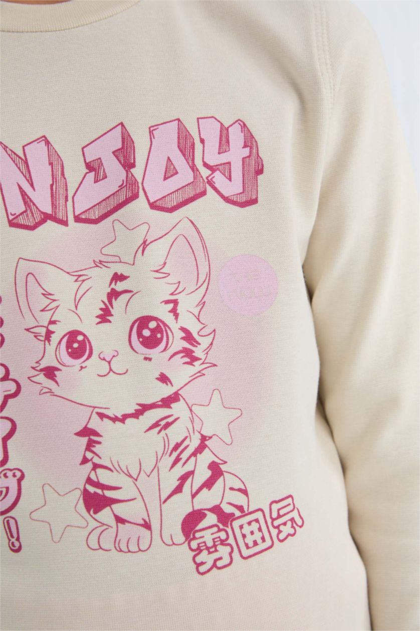 Kız Çocuk - Genç Kız Taş Cropped Fit Bisiklet Yaka Baskılı Fitilli Kaşkorse Uzun Kollu Tişört Kız Çocuk