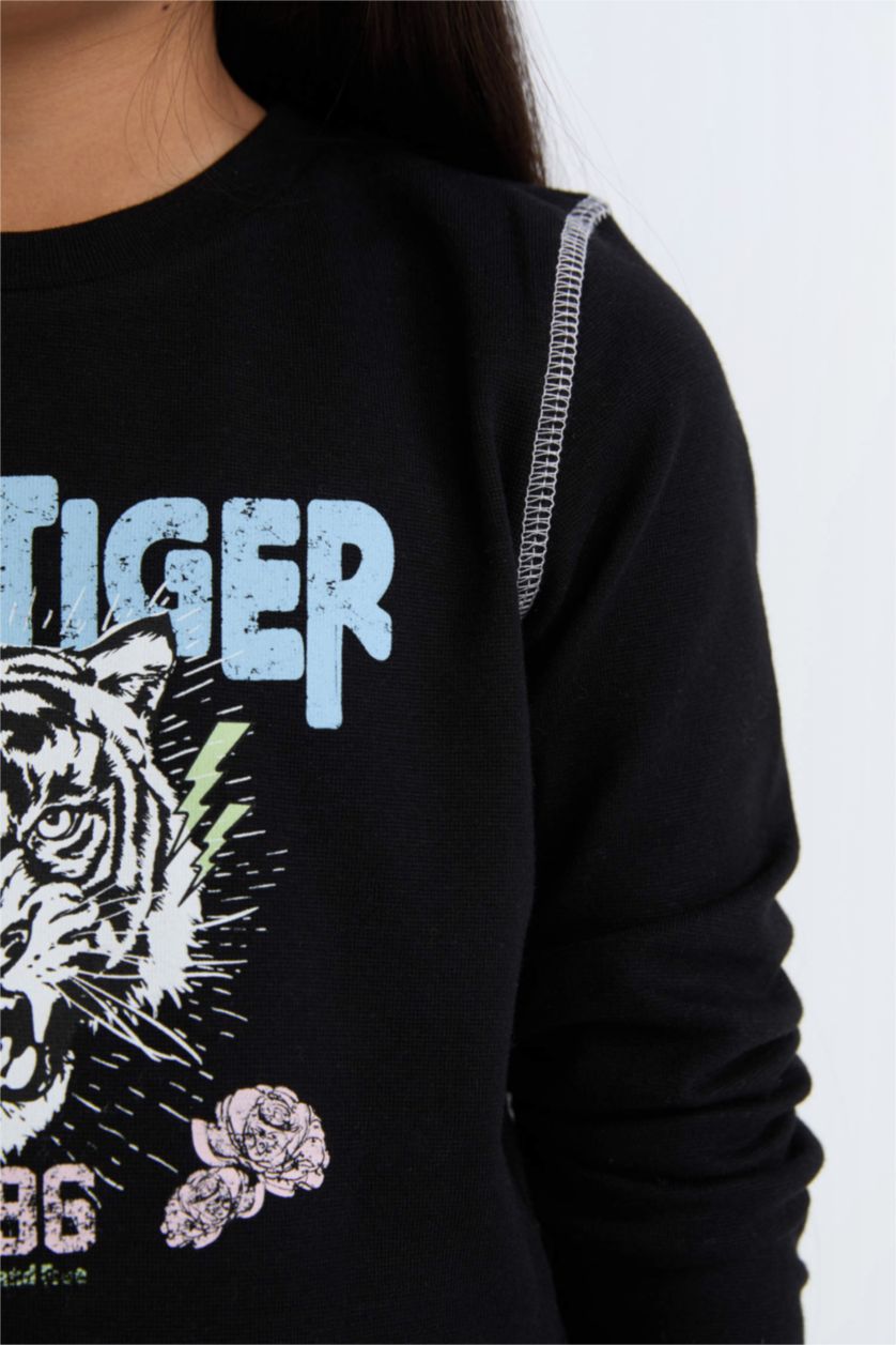 بنات أسود تي شيرت كروب بناتي ردن طويل مضلع بطبعة شعار برقبة مستديرة