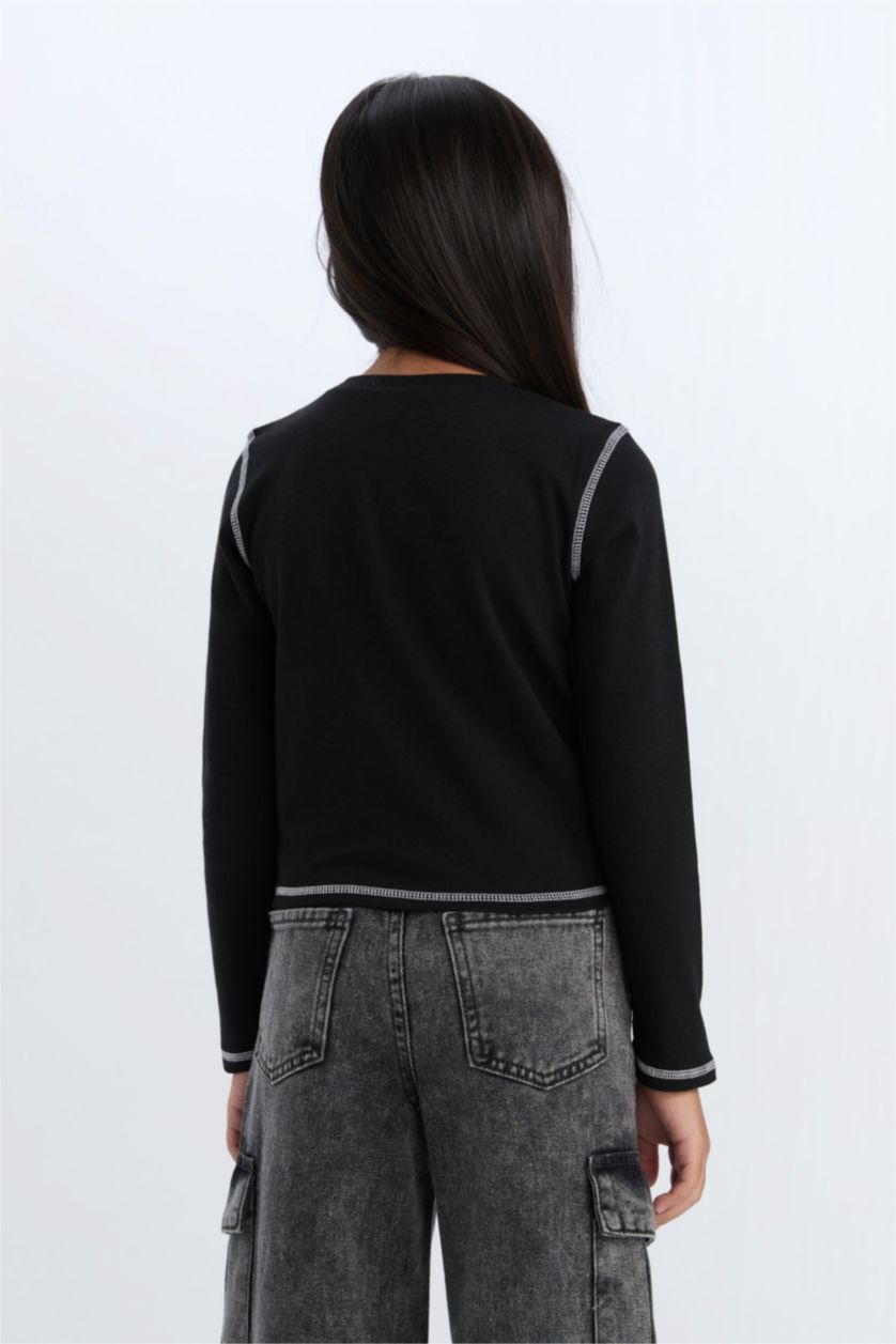 بنات أسود تي شيرت كروب بناتي ردن طويل مضلع بطبعة شعار برقبة مستديرة