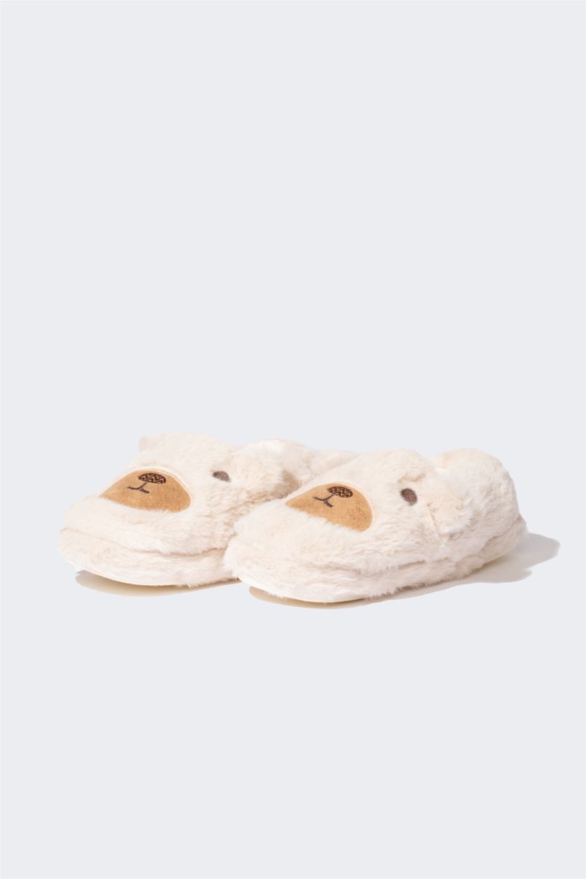 Girls & Teens Beige Girl Teddy Bear Themed Plush Flat Home Slippers