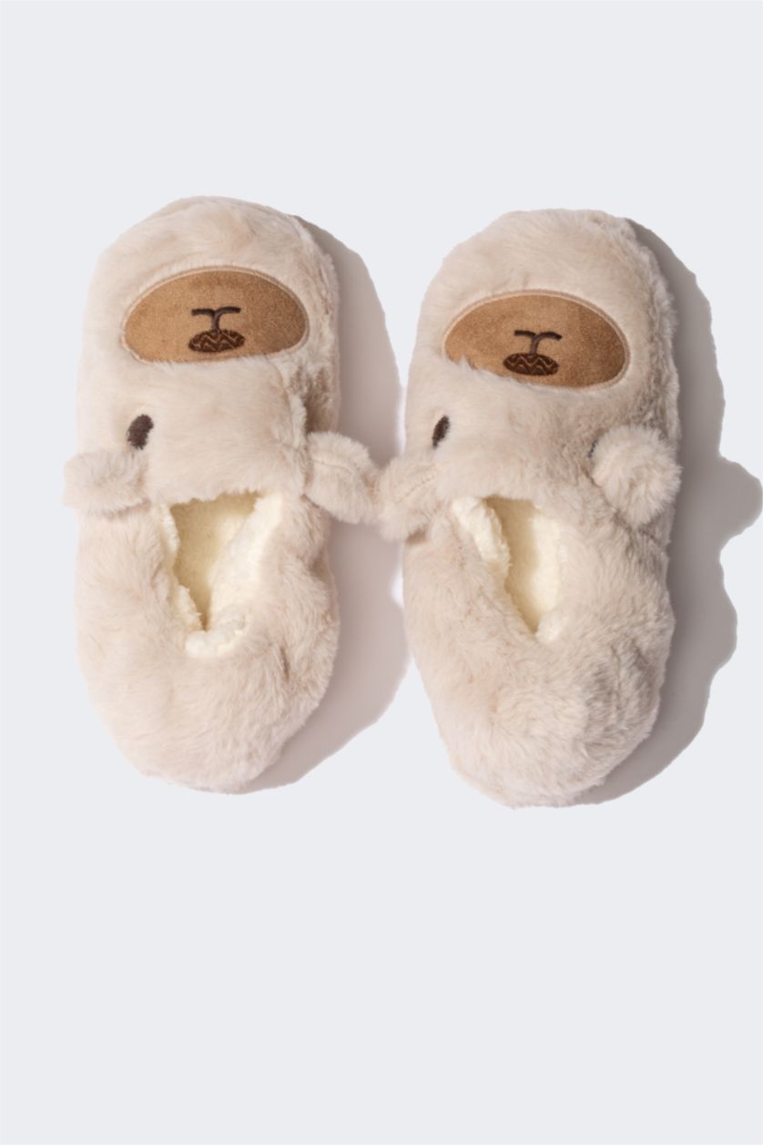 Girls & Teens Beige Girl Teddy Bear Themed Plush Flat Home Slippers