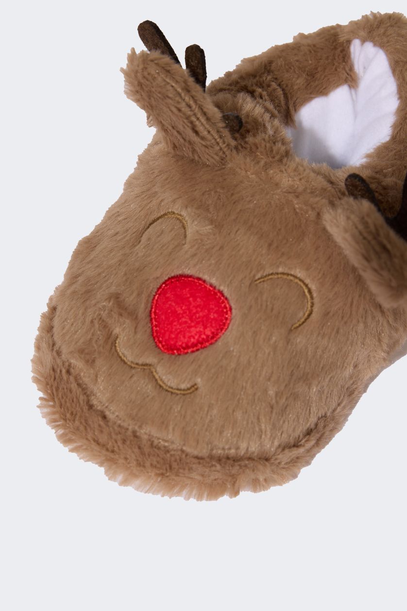 Kız Çocuk - Genç Kız Koyu Kahve Kız Çocuk Yılbaşı Temalı Kalın Taban Ev Terliği