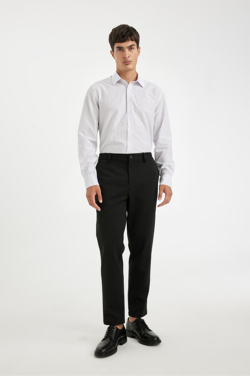 Erkek Beyaz Modern Fit Modern Kesim Poplin  Desenli Pamuk Karışımlı Uzun Kollu Gömlek