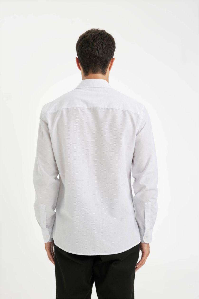 Erkek Beyaz Modern Fit Modern Kesim Poplin  Desenli Pamuk Karışımlı Uzun Kollu Gömlek
